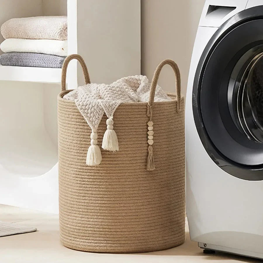 Large Storage Basket Tall Woven Decorative Laundry Hamper with Handles Foldable Cotton Rope for Clothes Kids Toys Living Room