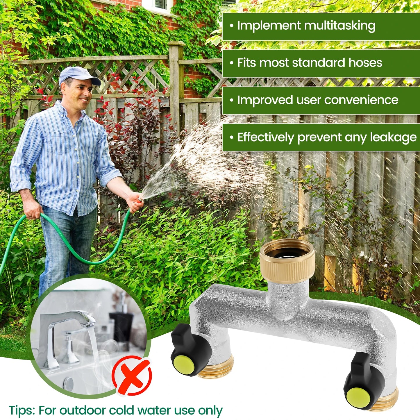 3/4 Inch 2 Way Hose Splitter Zinc Alloy Garden Hose Splitter Rustproof Hose Connector Splitter for Outdoor Gardening Lawn Care