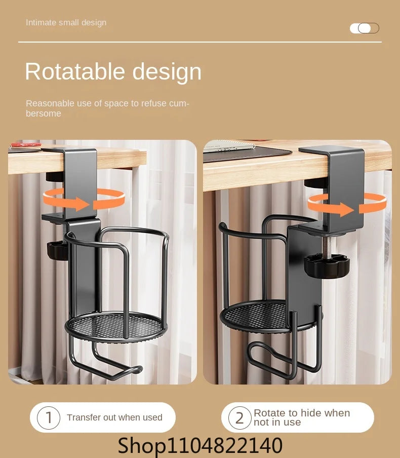 2 in 1 No Drill Desk Cup Holder Adjustable Upgraded Arm Clamp Stand 360 Degree Rotating Table Edge Clamp Anti-Fall Cup Holder