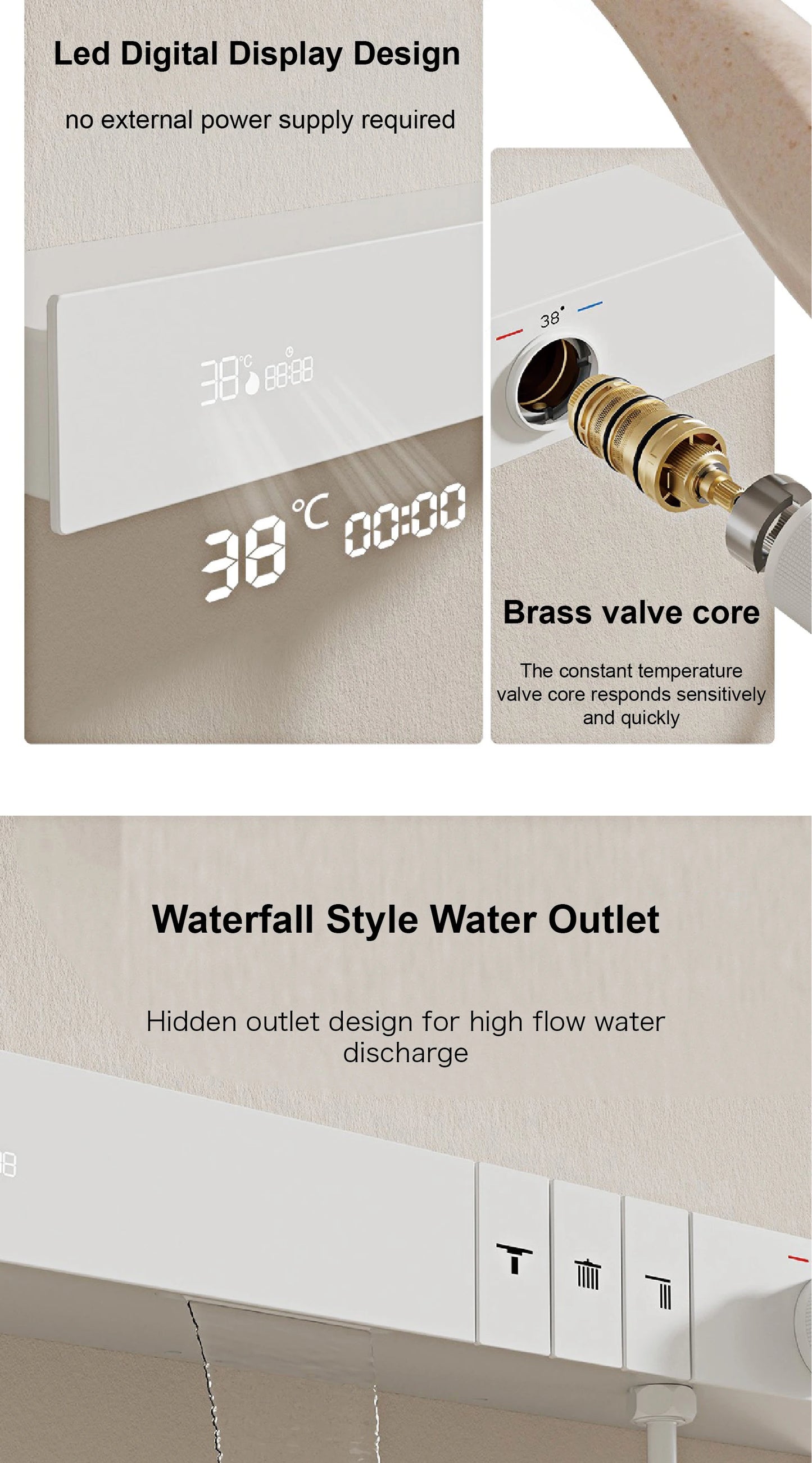 Luxury Ceiling Thermostatic Shower System Black Brass 3 Function Built In Wall Cold Hot Water Waterfall Outlet Bathroom Faucet