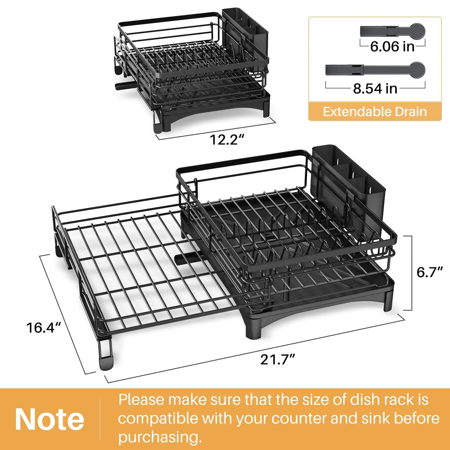 Dish Drying Rack - Extendable Dish Rack, Large Sink Drying Dish Drainer for Kitchen Counter, Stainless Steel Dish Strainer