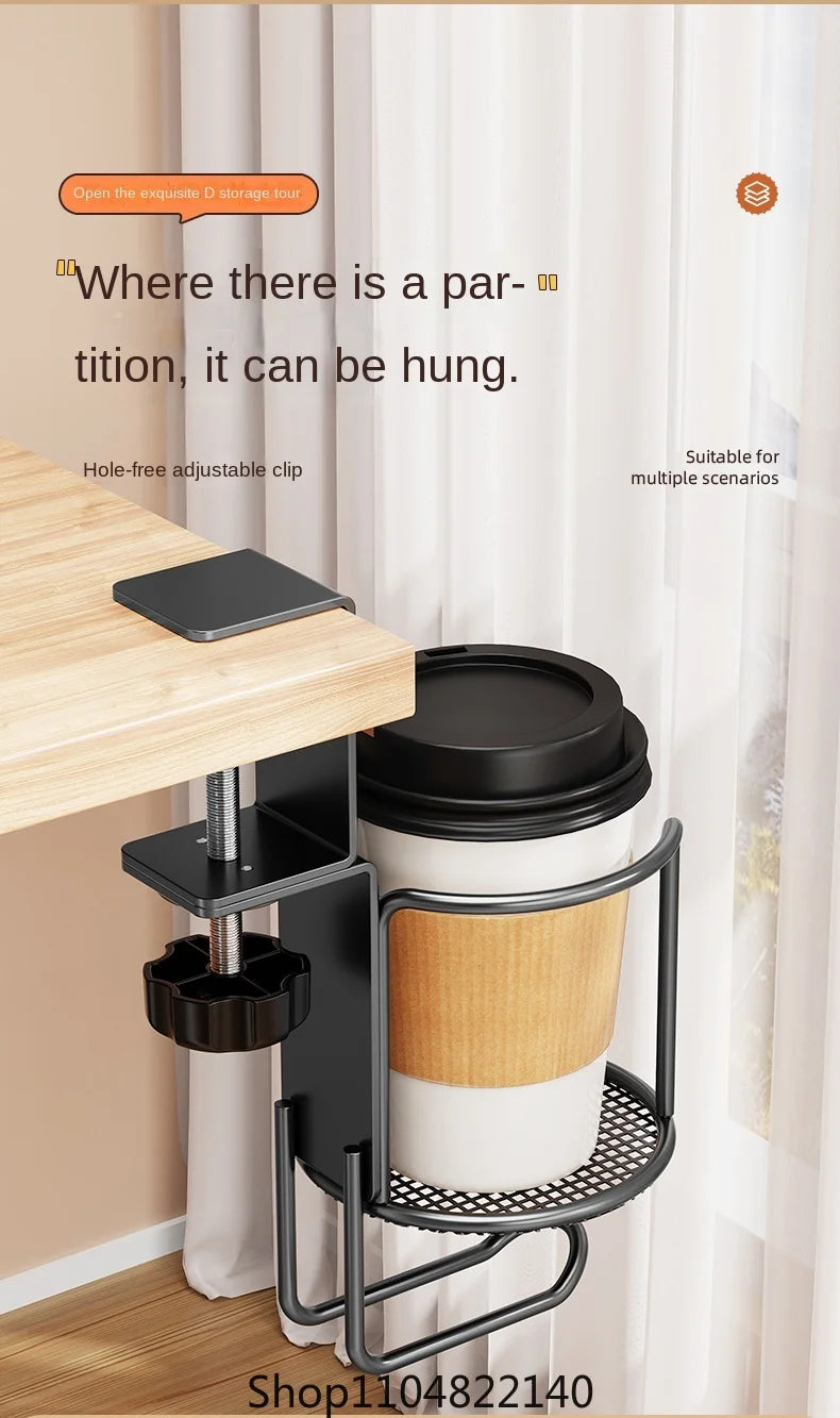 2 in 1 No Drill Desk Cup Holder Adjustable Upgraded Arm Clamp Stand 360 Degree Rotating Table Edge Clamp Anti-Fall Cup Holder