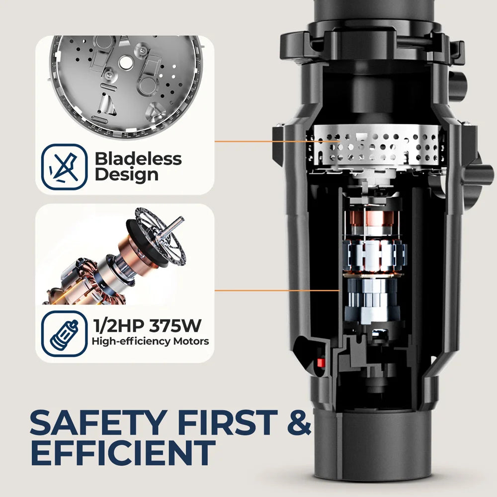 Continuous Feed Garbage Disposal with Sound Reduction,1/2 HP Stainless Steel Food Waste Grinding System,Power Cord Included