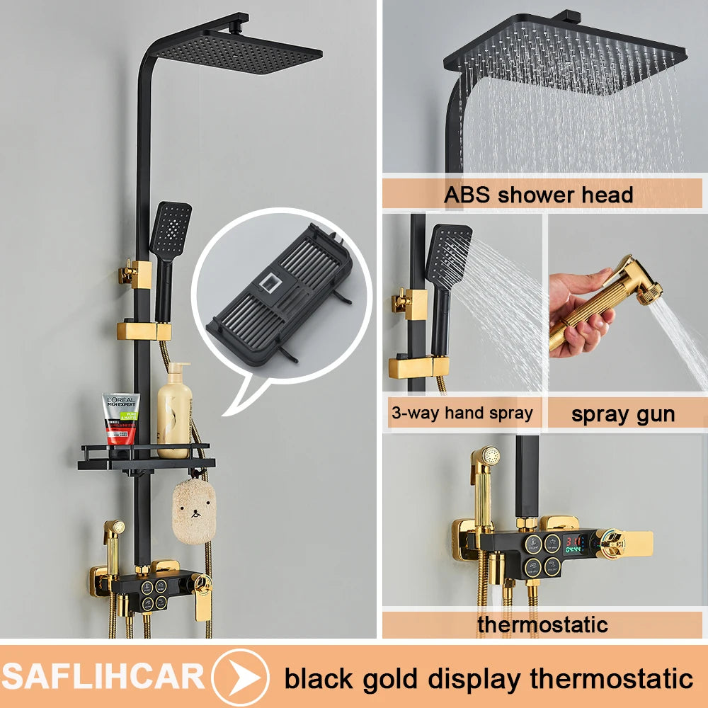Black Display Thermostatic Shower Faucet Set Rainfall Bathtub Tap With Bathroom Shelf Water Flow Produces Electricity