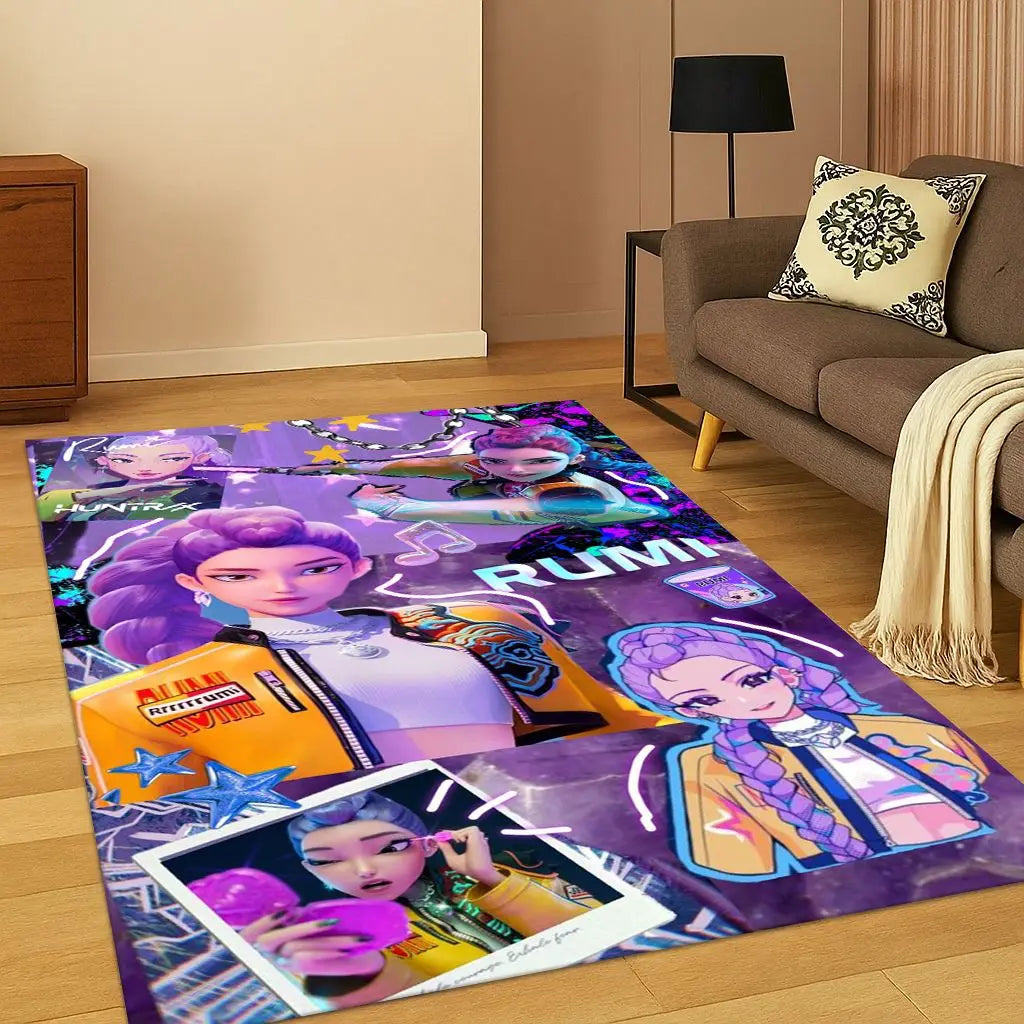 Kpop Demon Hunters Rumi Mira Zoey Music Cartoon Carpet Rug for Bedroom Living Room Sofa Home Decor,Non-slip Floor Mat Gift