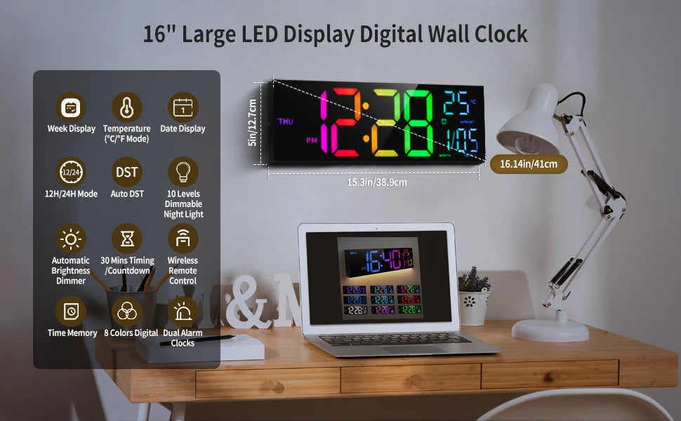 8 Colors Digital Wall Clock 16.2" Large Digital Clock with Temperature Date Auto DST Night Light Auto Brightness Dimmer