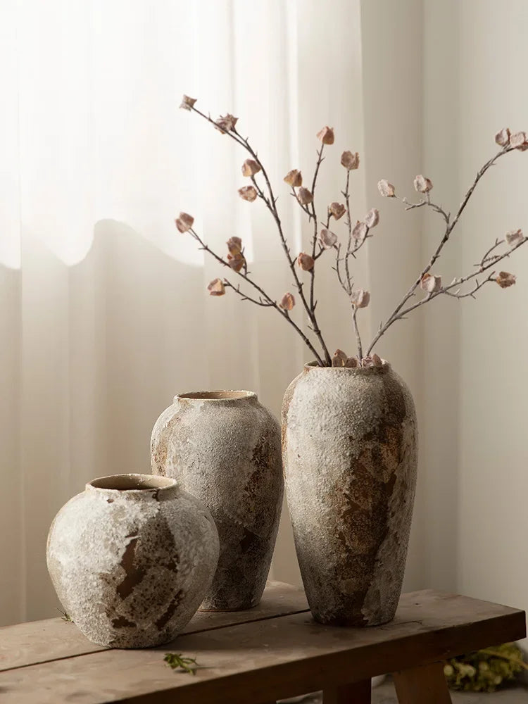Hydroponic Flower Arranging Ceramic Vase Mottled Retro Chinese Pottery Jars Decorative Decorations for Living Room TV Cabinets
