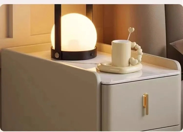 Smart Bedside Table, Solid Wood with Faux Leather Features 3 drawers, wireless charging, and side storage. Stylish and functional nightstand for modern bedrooms.