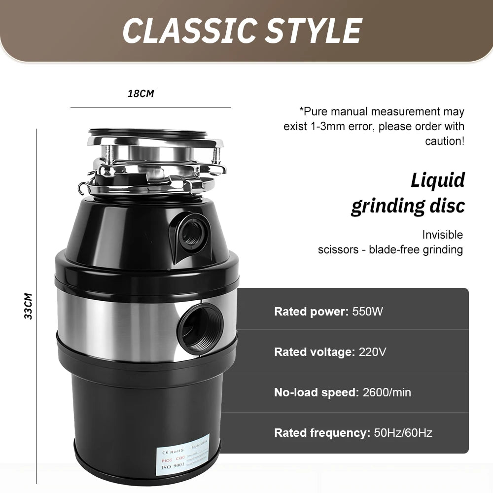 Electric Kitchen Food Waste Disposer – Heavy-Duty Under-sink garbage disposal unit with 220V, 550W power. Efficiently grinds food waste for easy kitchen cleanup.