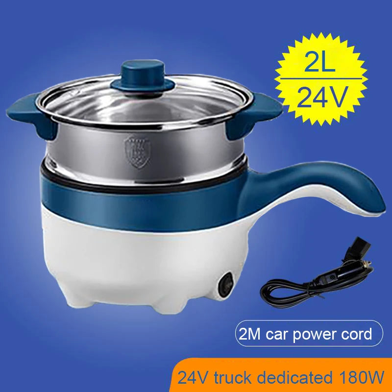 2L Travel 12V 24V Car Truck Multifunction Electric Cooking Skillet Double Layer Hot Pot Soup Heater Rice Cooker Food Steamer Pan