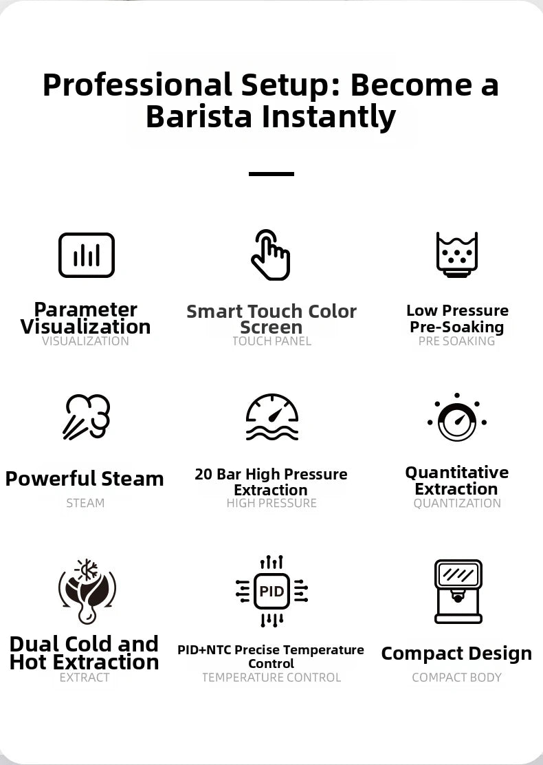 20Bar Espresso Machine – Dual Brew Hot & Cold Features smart touchscreen, milk frother, fast heating, and energy-saving design. Ideal for home baristas to craft café-quality drinks.