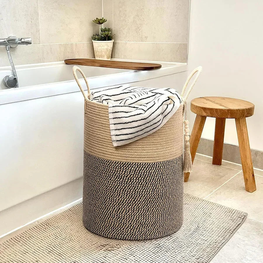 Large Storage Basket Tall Woven Decorative Laundry Hamper with Handles Foldable Cotton Rope for Clothes Kids Toys Living Room