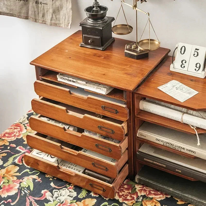 Retro Wooden File Storage Box Office Jewelry Box A4 File Drawers Desktop Sorting Cabinet For Dressing Table Functional Organizer