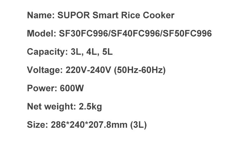 SUPOR 3L-5L Electric Rice Cooker Household Smart Multifunction Soup Rice Cooking Machine Non-stick Liner For 2-11 Person