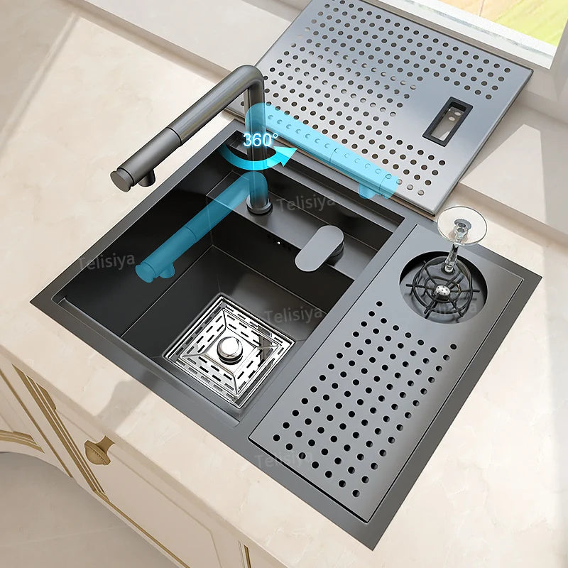 Hidden Cup Washer Bar Sink Stainless Steel Kitchen Sink Multifunctional Wash Basin Mini Small Single Slot With Cover Plate