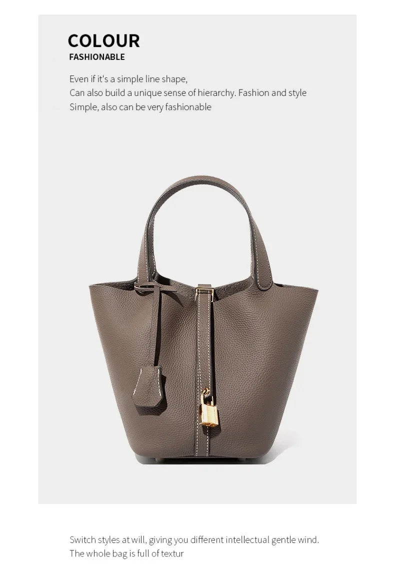 Women’s Leather Bucket Handbag A soft, stylish summer essential featuring a modern basket design with a convenient mobile phone pocket.