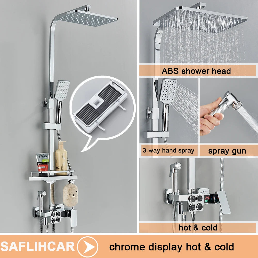 Black Display Thermostatic Shower Faucet Set Rainfall Bathtub Tap With Bathroom Shelf Water Flow Produces Electricity