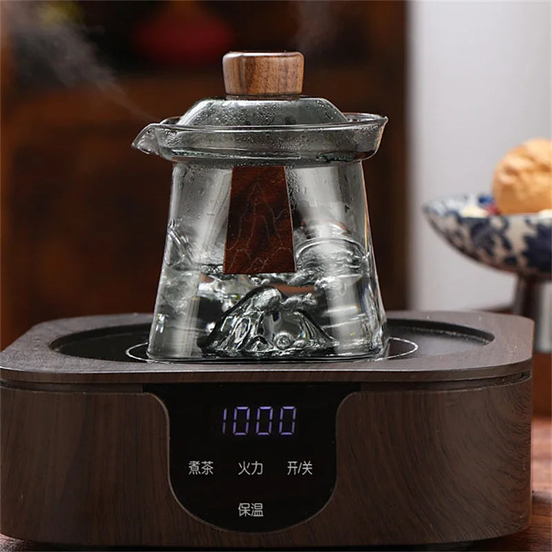 Bottom Mountain View Heat-resistant Glass Gaiwan Tea Tureen With Scald Proof Wood Chips Kung Fu Tea Set Tea Cup and Bowl Teaware