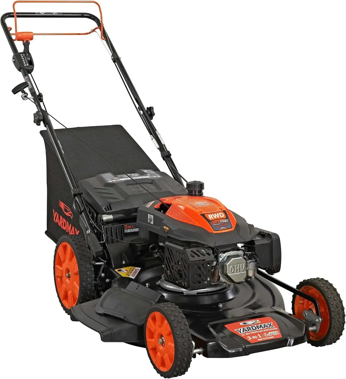 22” 201cc Select PACE Lawn Mower 6-Speed CVT, High Wheel, RWD
3-in-1 gas-powered, self-propelled walk-behind mower in black. Efficient for cutting, mulching, and bagging lawns.