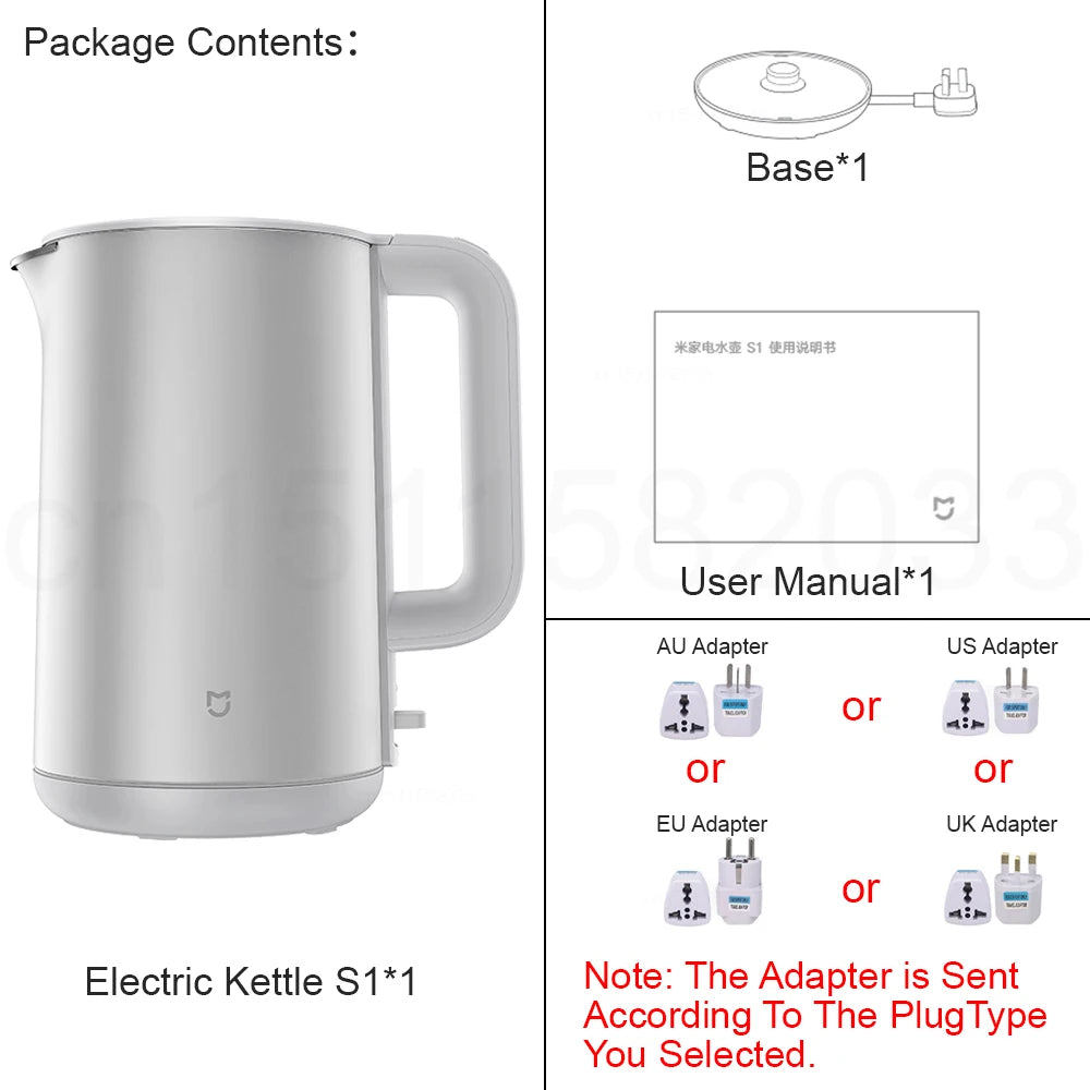 MIJIA Electric Kettles S1,Double Wall,1800W,4 Safety, Food-Grade 316L Stainless,1.7L Water Boiler,CN Version with Adapter