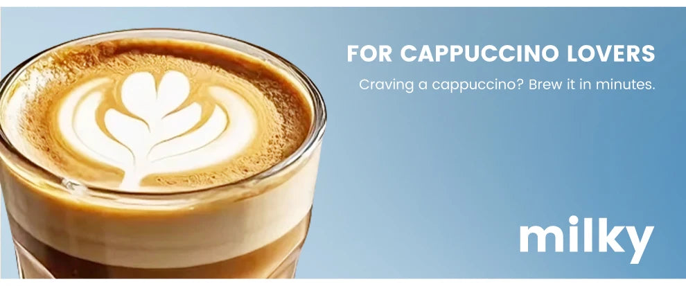 AM7203 Automatic Espresso Machine Features built-in milk frother and water tank, touchscreen control, and 7 coffee varieties. Perfect for easy, café-style drinks at home.