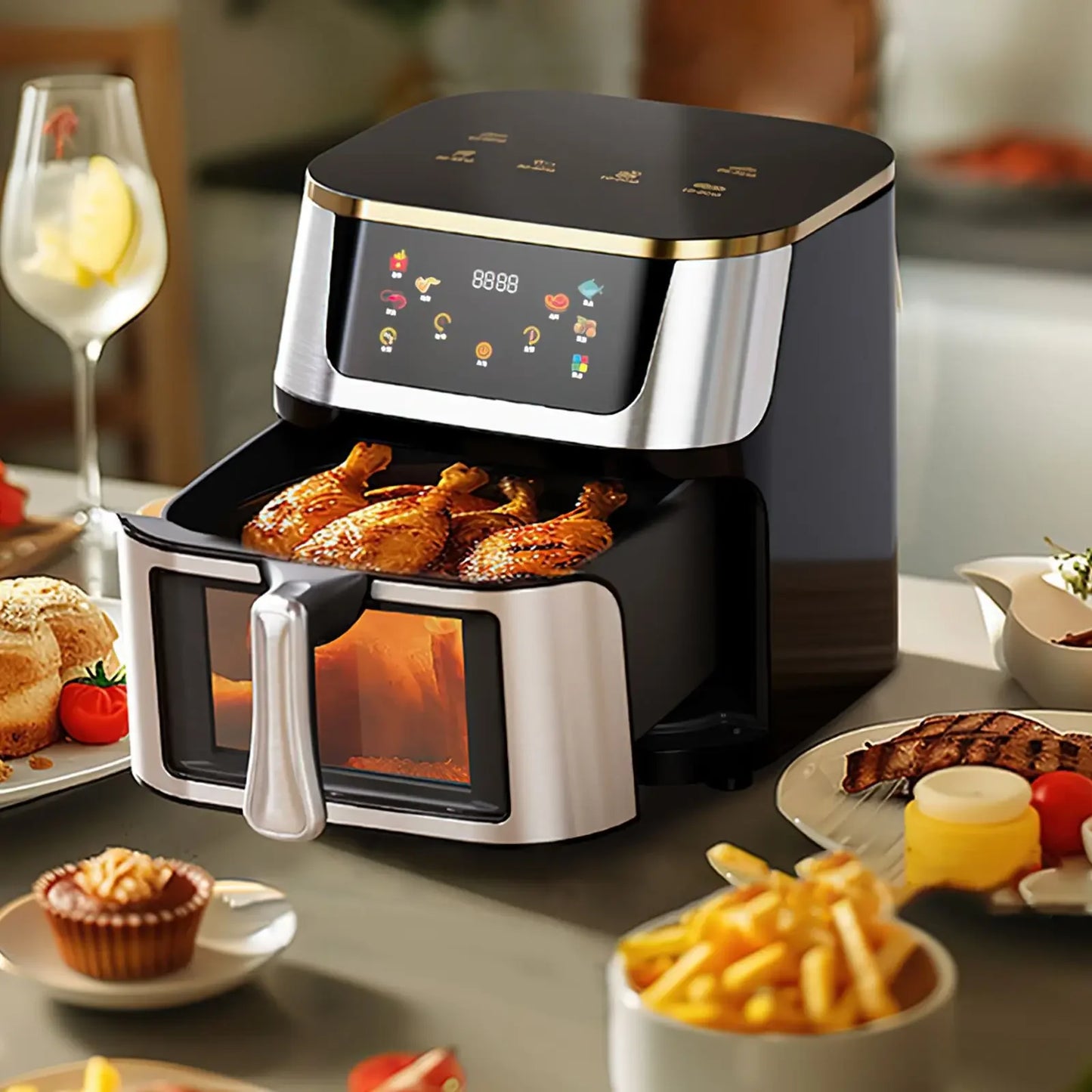 8L Stainless Steel Visible Large Capacity Electric Air Fryer, Multi-function Air Oven, LED Touch Screen,210 ° High Temperature