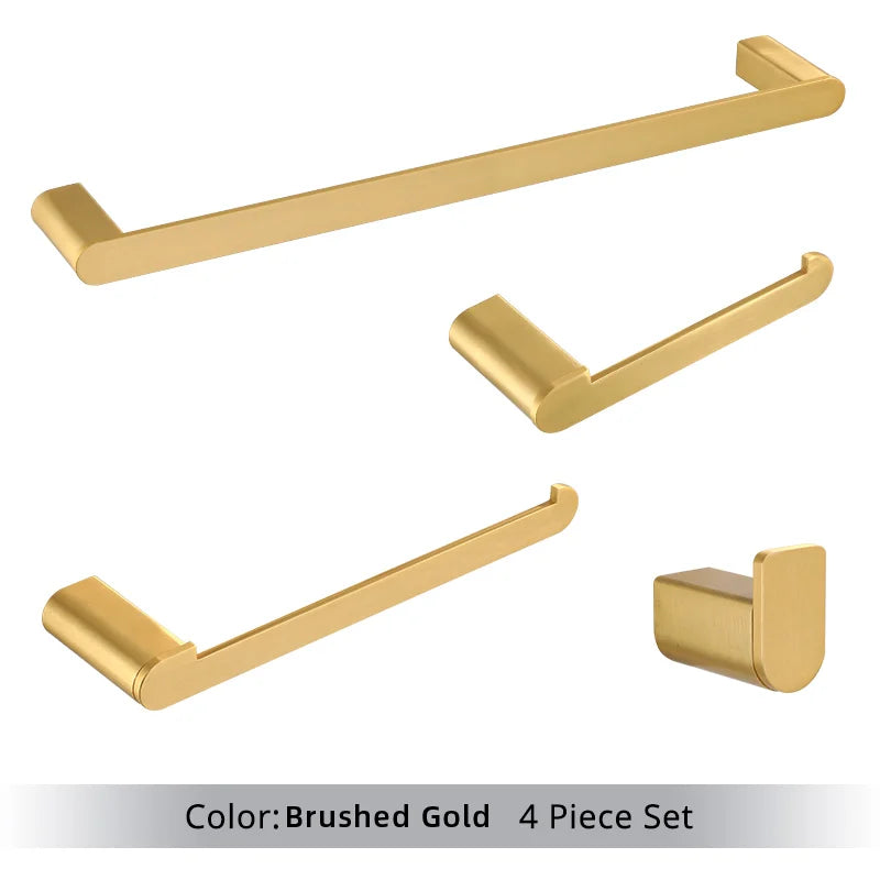 Brushed Gold  Bathroom Accessories Sets 4 Wall Mounted Towel Bar Robe Hooks Toilet Paper Roll Holder Stainless Steel Hardware