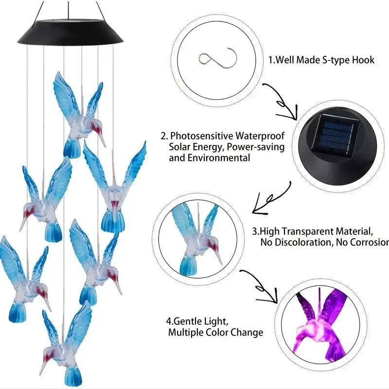 Blue Hummingbird Solar Wind Chimes Solar-powered hummingbird pendants with color-changing lights. Gentle chimes + beautiful glow at night. Perfect for courtyards, gardens, patios, or gifting. Waterproof & eco-friendly.
Wholesale available