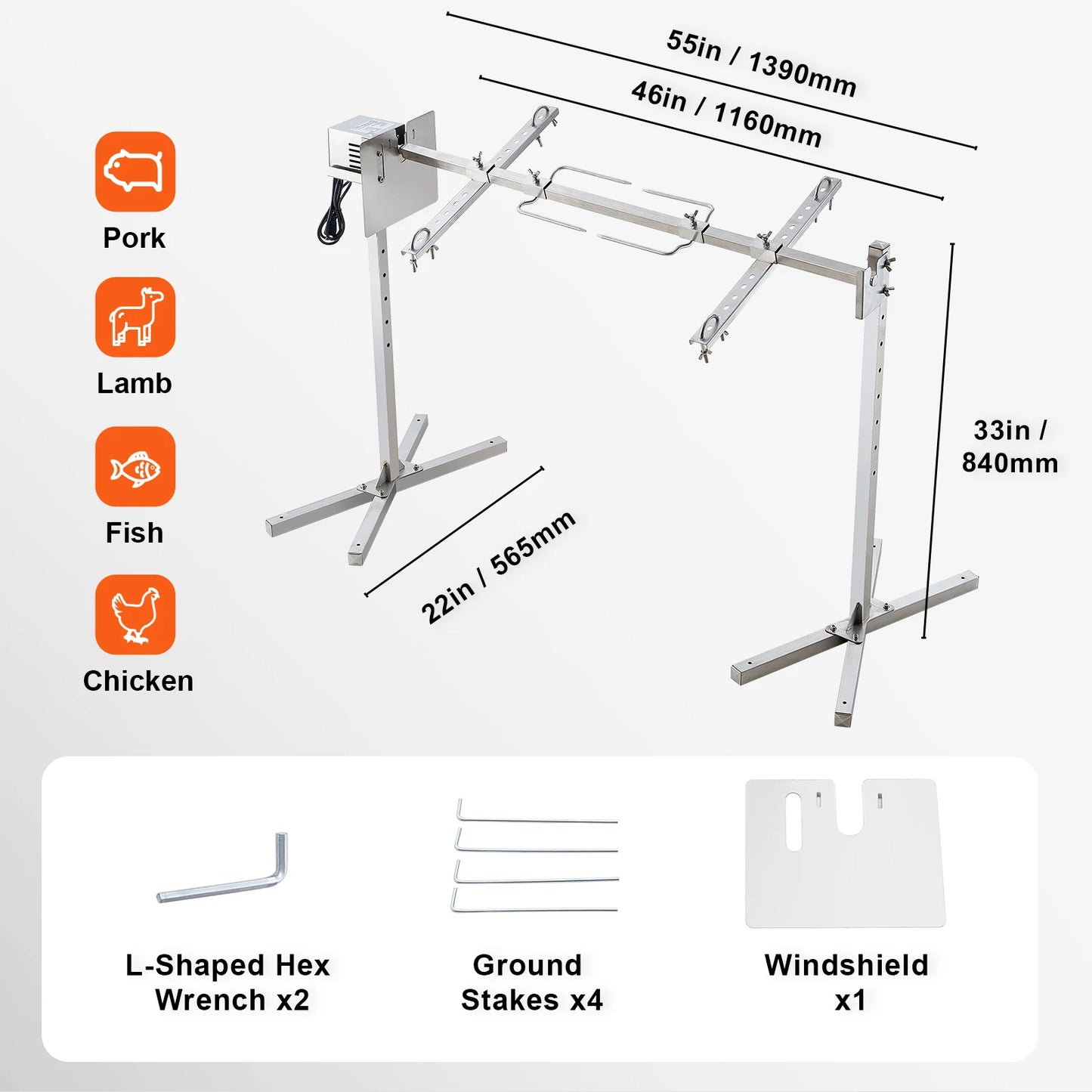 SucceBuy 46 Inch Electric BBQ Rotisserie Grill Kit Automatic 52W Motor Height Adjustable Universal Roaster Stand