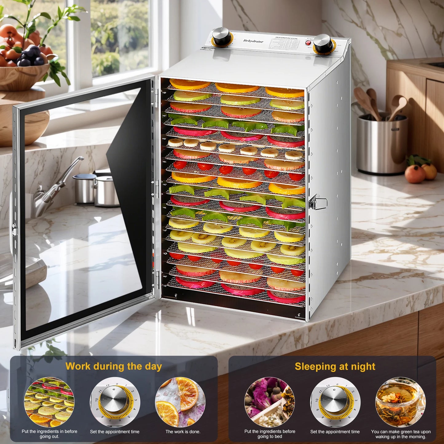 800W Food Dried Fruit Machine with 18 Stainless Steel Trays Temperature Control Dehydrator for Jerky Dog Treats Meats & Veggies