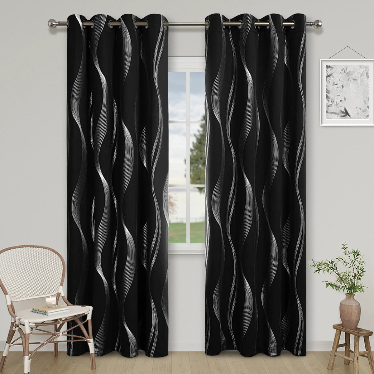 1pc High Precision Silver Embossed Wave Pattern Blackout Curtain, window Curtains for living room bedroom kitchen home decor