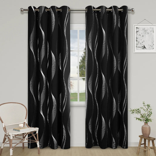 1pc High Precision Silver Embossed Wave Pattern Blackout Curtain, window Curtains for living room bedroom kitchen home decor