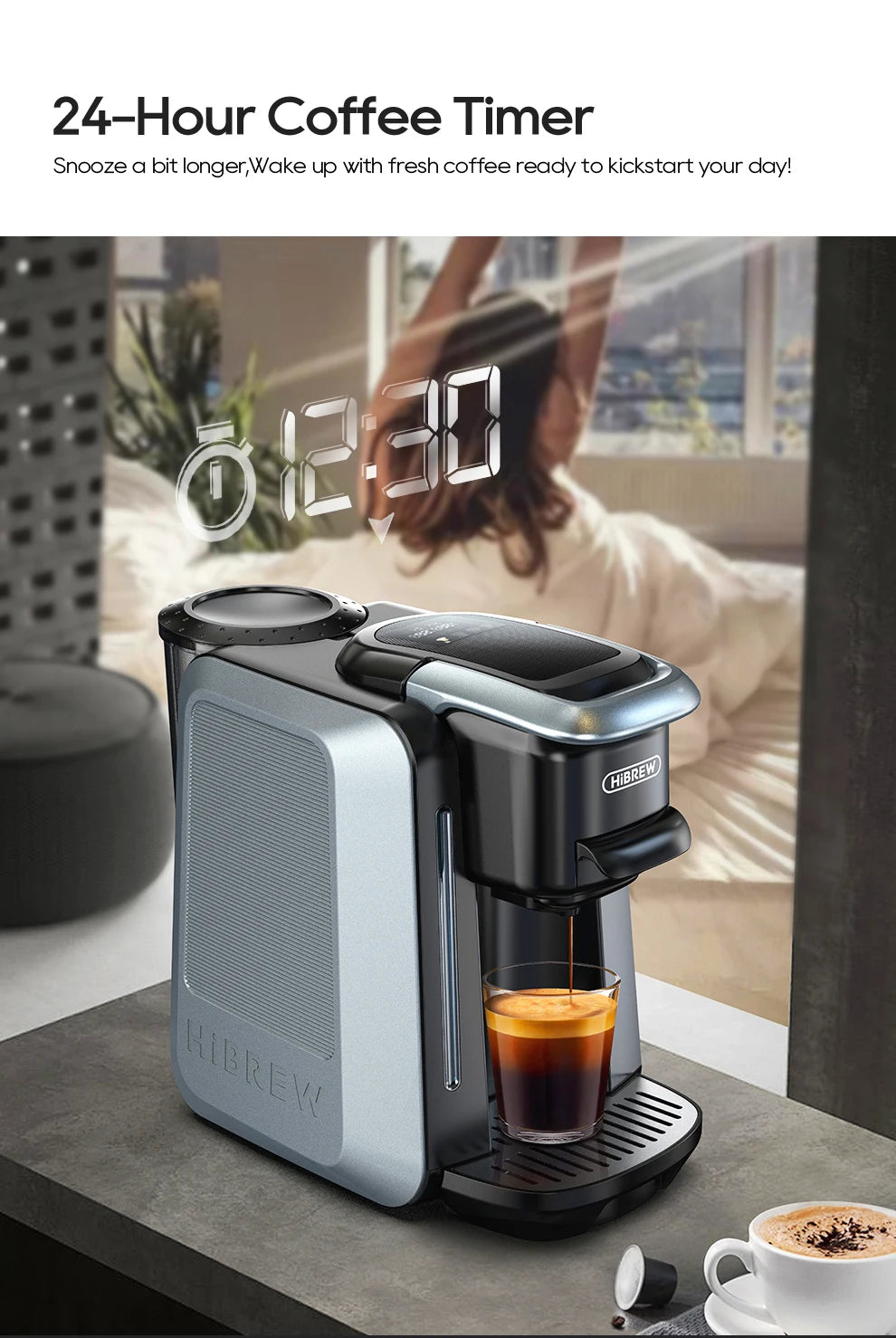 HiBREW 6 in 1 Multiple Capsule Coffee Machine Hot/Cold DG Cappuccino Nes Small Capsule ESE Pod Ground Coffee Cafeteria 20Bar H6