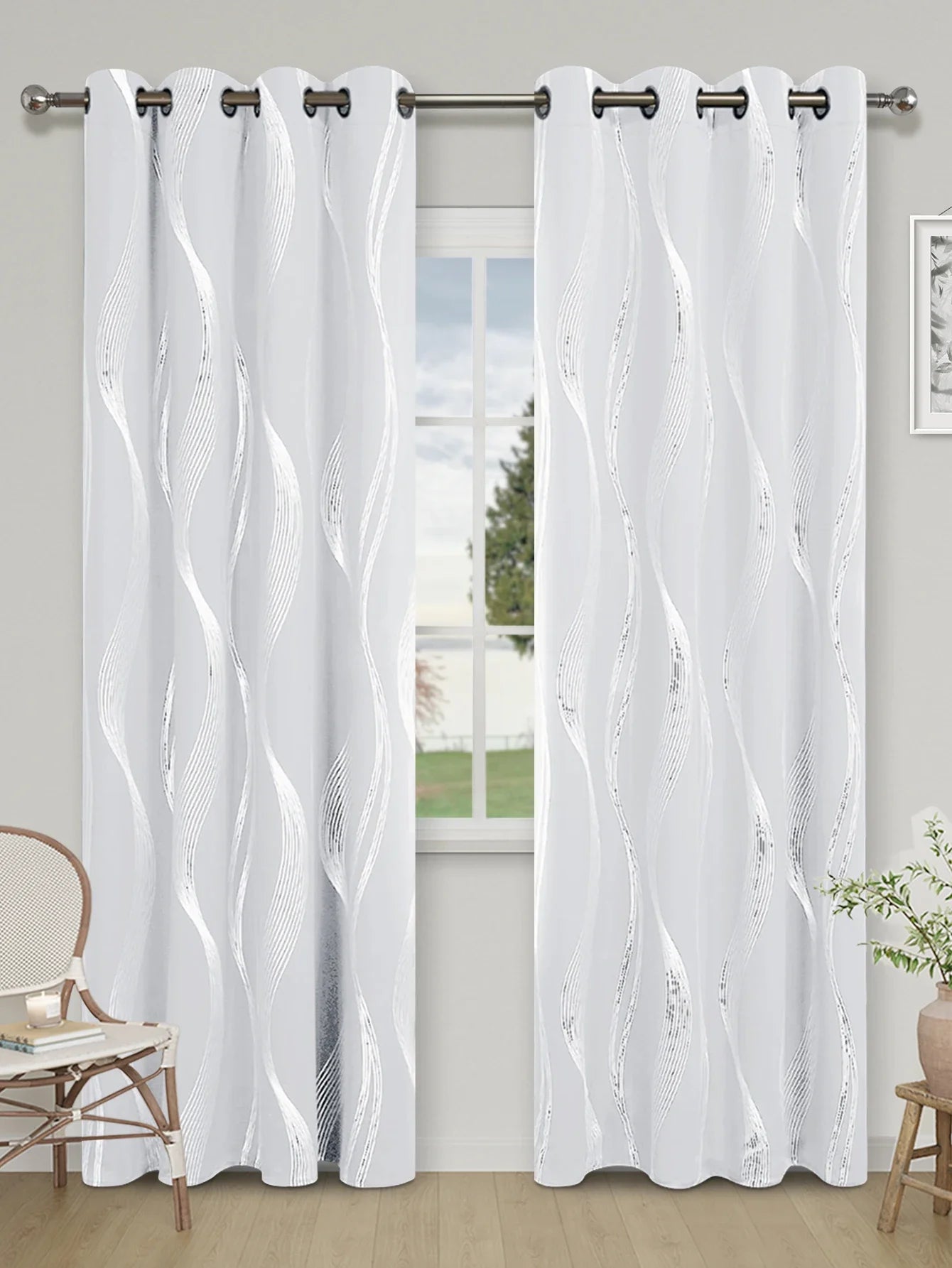 1pc High Precision Silver Embossed Wave Pattern Blackout Curtain, window Curtains for living room bedroom kitchen home decor