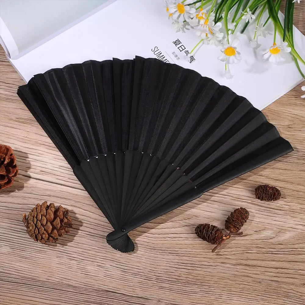 8.27"(21cm) Black Silk Folding Fan Chinese Style Hand Held Bamboo Fans Ribs Home Party Decoration Dance Props Desktop Ornament