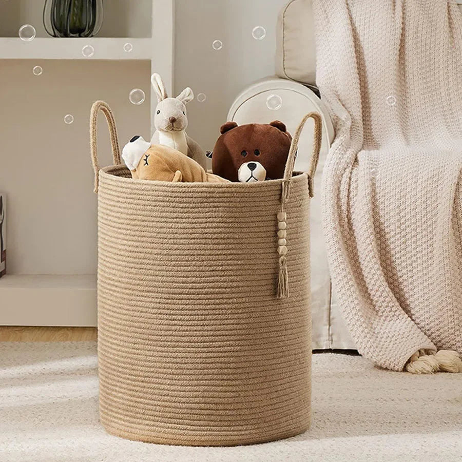 Large Storage Basket Tall Woven Decorative Laundry Hamper with Handles Foldable Cotton Rope for Clothes Kids Toys Living Room