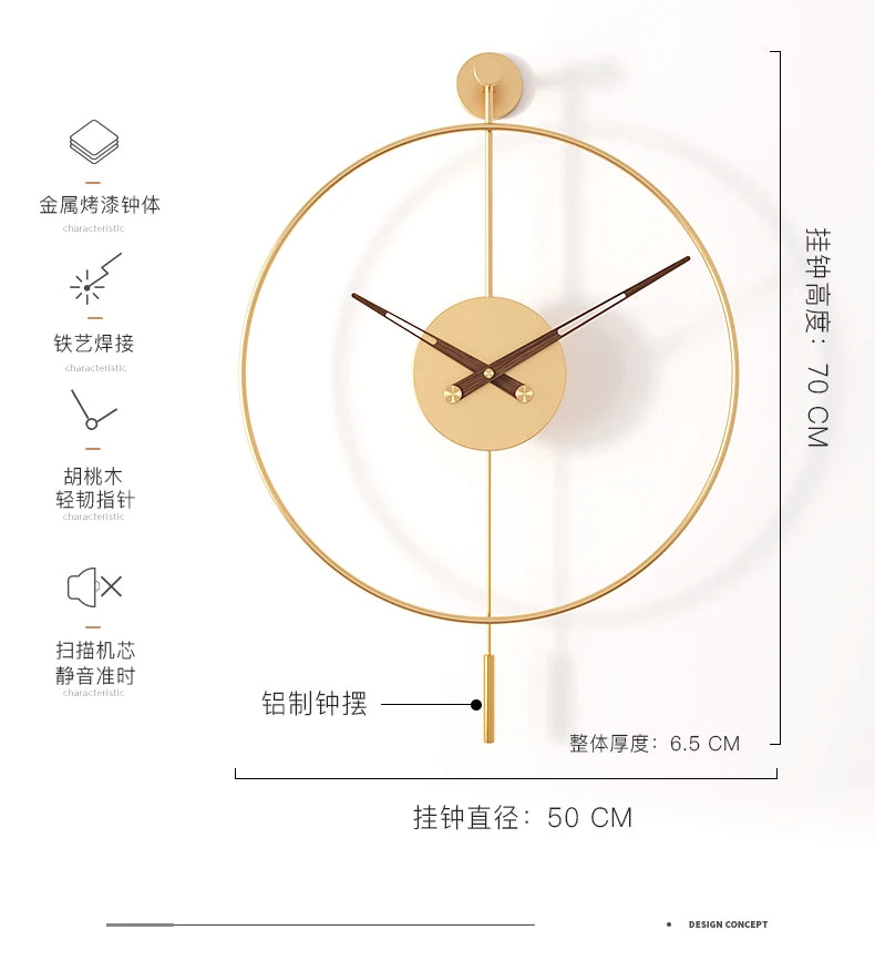 Spanish Minimalist Metal Wall Clock No Drill Installation Modern Industrial Style Large Silent Quartz Clock for Living Room