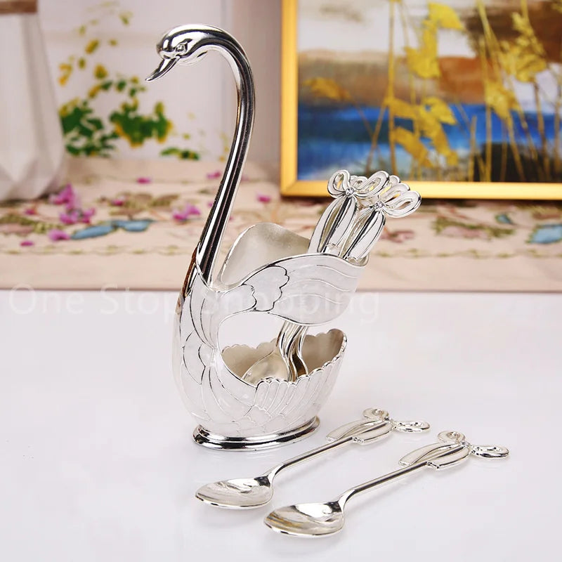 Creative Dinnerware Set Swan Base Holder Decorative Stainless Steel with 6 Spoons for Coffee Fruit Dessert Stirring Mixing