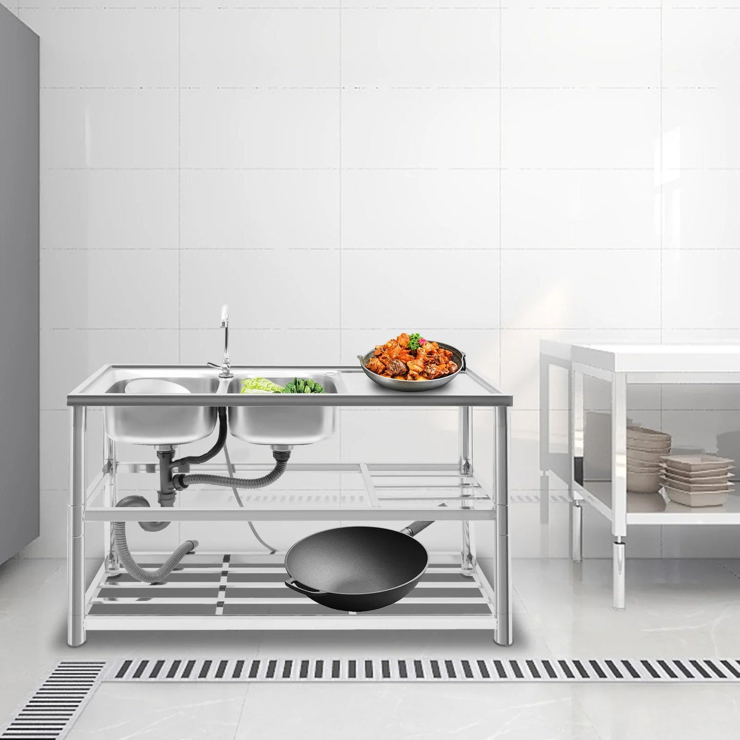 Commercial Sink Double Bowl Stainless Steel Sink Free-Standing Utility Sink Restaurant Kitchen Sink with Double Faucet Holes