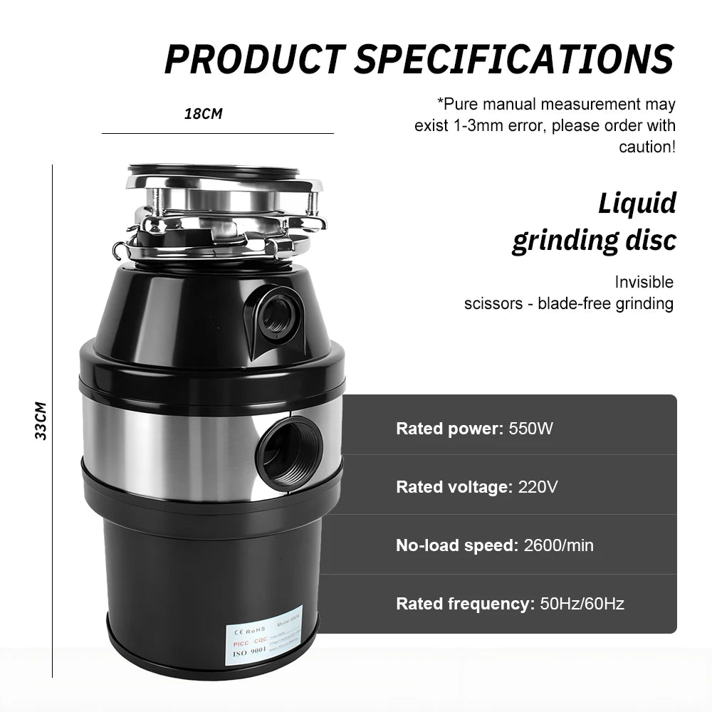 Electric Kitchen Food Waste Disposer – Heavy-Duty Under-sink garbage disposal unit with 220V, 550W power. Efficiently grinds food waste for easy kitchen cleanup.