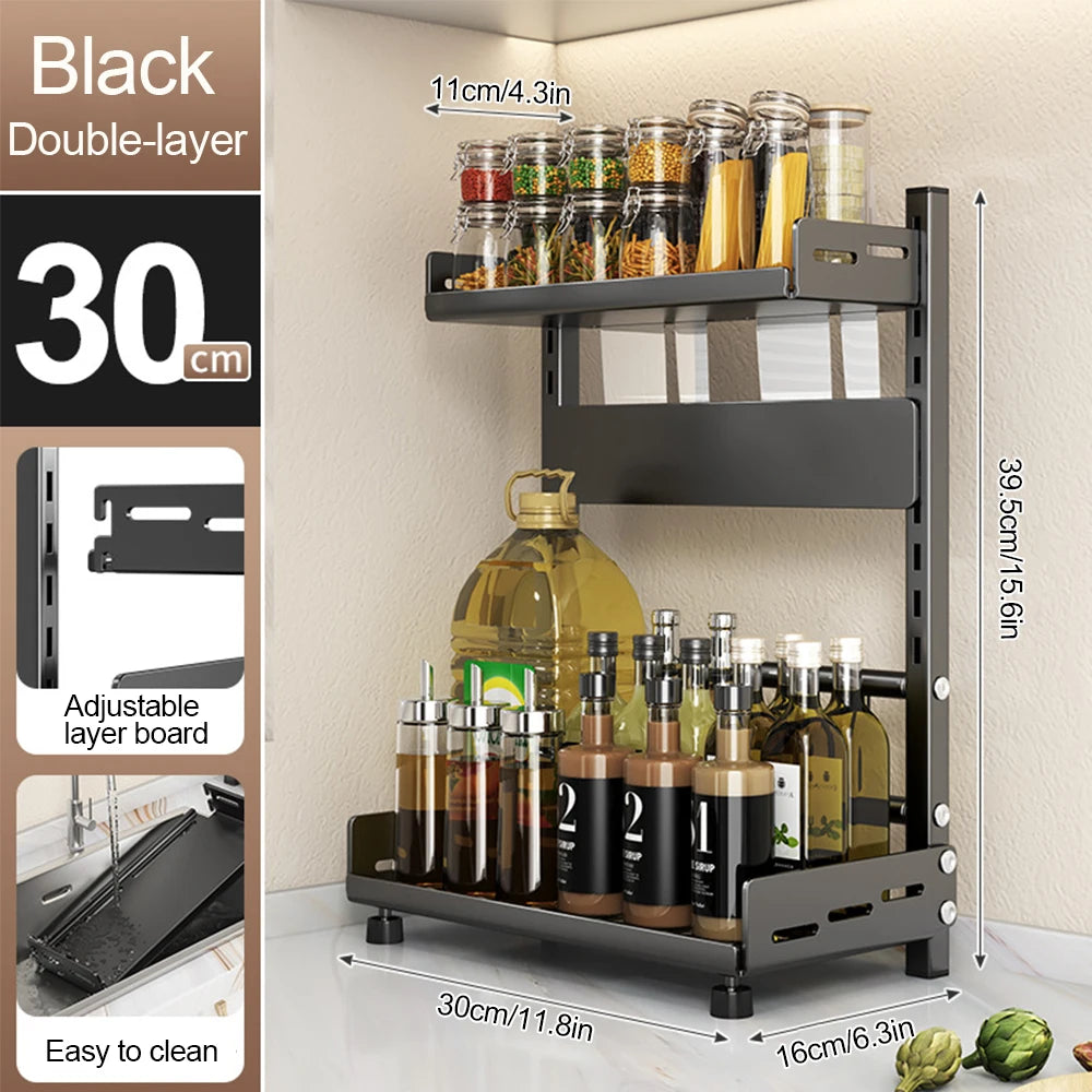 3-Tier Spice Rack – Adjustable Kitchen Organizer Sturdy metal shelf in sleek black design. Perfect for countertops or cabinets to keep spices neat and accessible.
