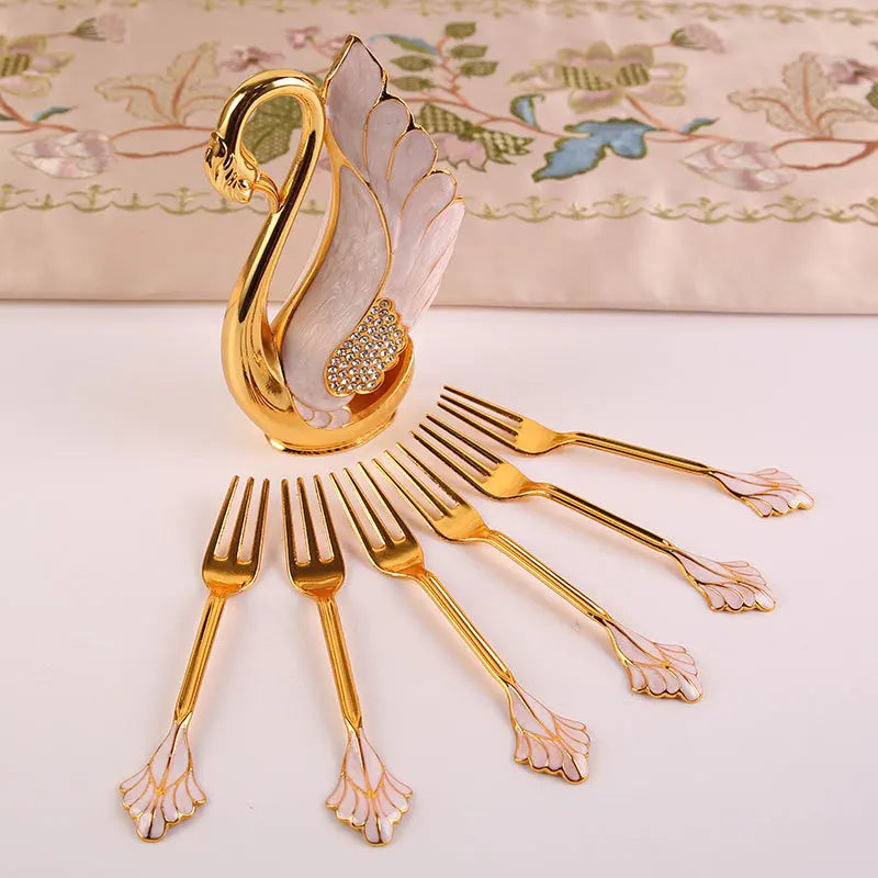 Creative Dinnerware Set Swan Base Holder Decorative Stainless Steel with 6 Spoons for Coffee Fruit Dessert Stirring Mixing