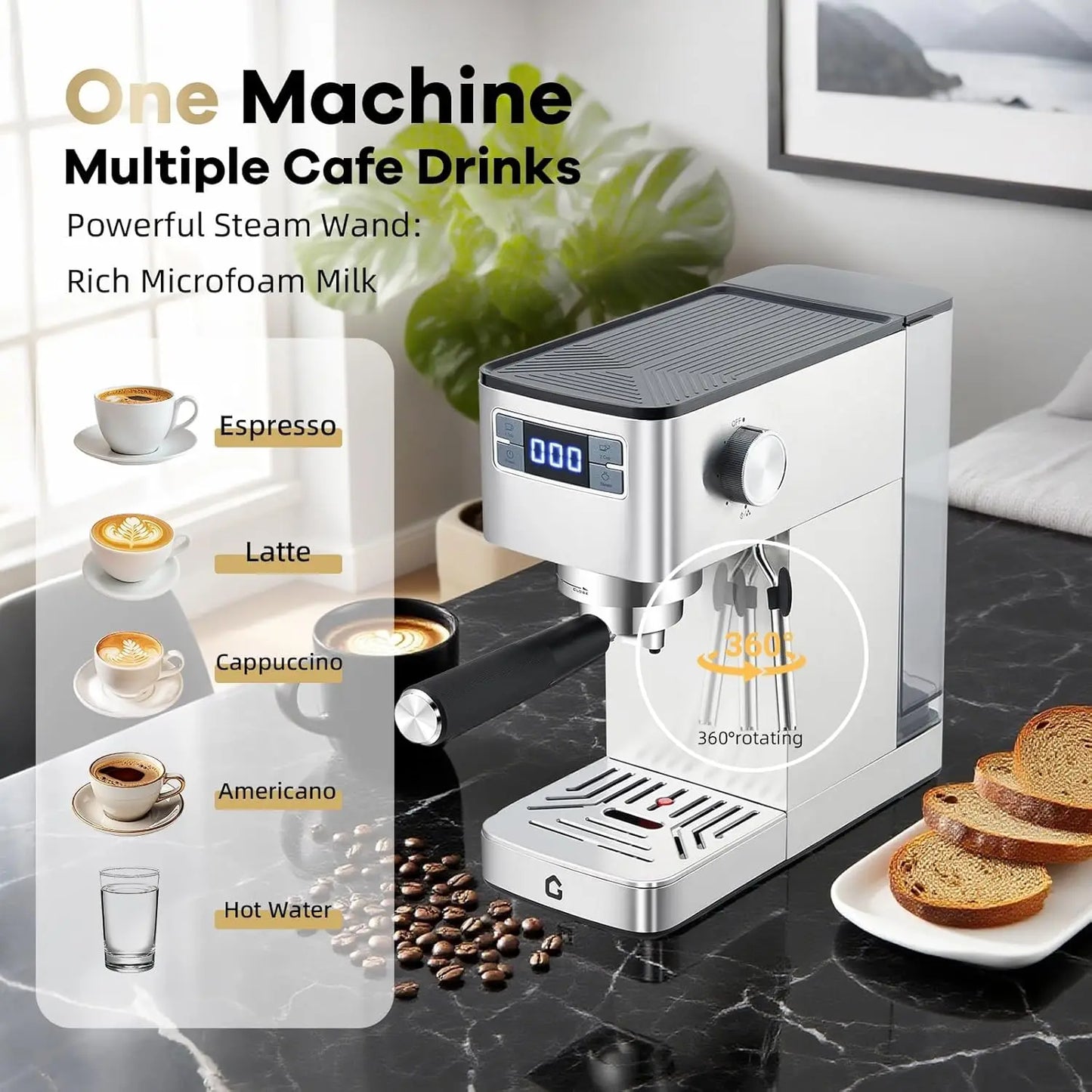 20 Bar Espresso Machine Stainless Steel With Steam Milk Frother Compact Home Barista Coffee Maker For Latte Cappuccino Moka