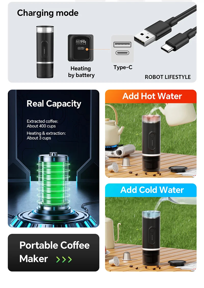 Portable Coffee Maker with 2-In-1 System Heating Water  Large-capacity Battery 9000mAh  for Outdoor Camping Travel  Hotel Office