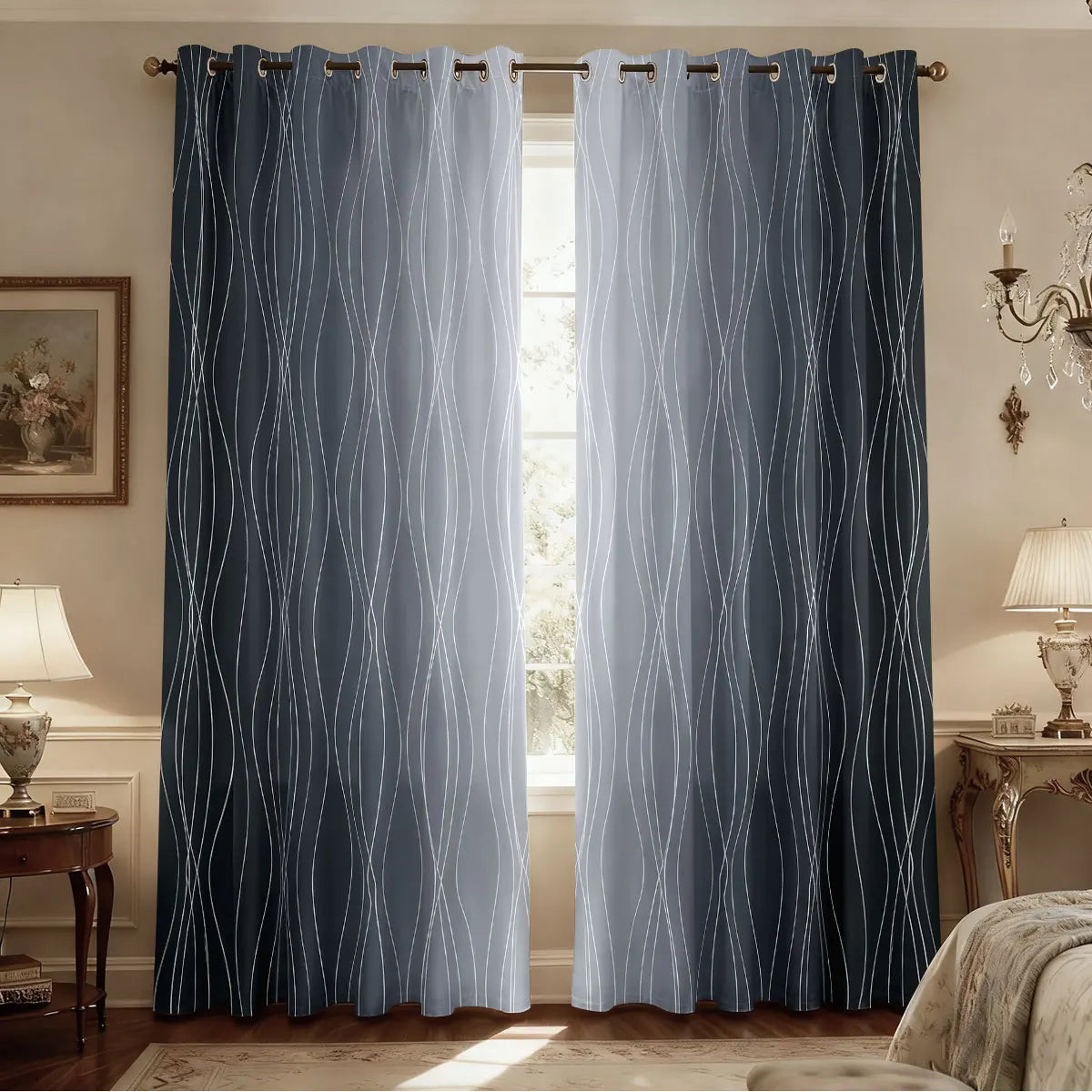 2pcs Minimalist Style Curved Lines Art Print Perforated Blackout Curtains Multi Size Living Room Bedroom Insulation Decoration