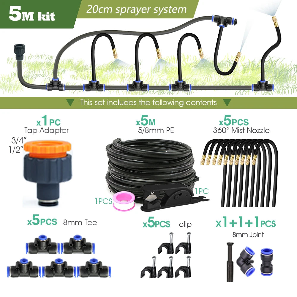 Black 8mm PE Hose 20cm Flexible Nozzle Misting Watering System 45/60/80/100W Self-priming Pump Adjustable Sprayer Kit for Garden