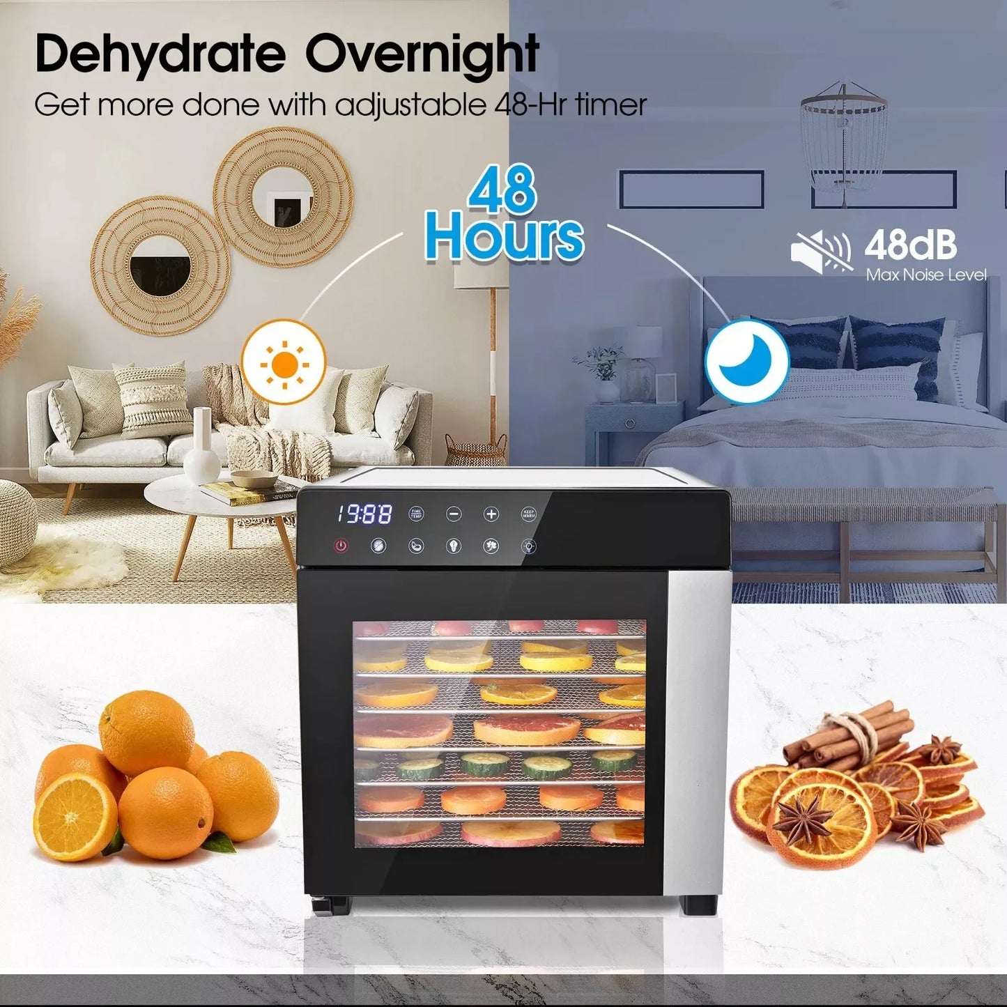 8-Tray Stainless Steel,600W with 4 Presets & Digital Timer for Jerky, Fruit, Herbs - Dishwasher Safe, BPA Free Food Dehydrator