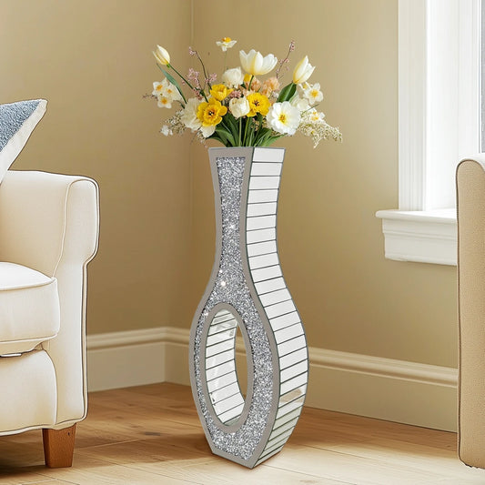 Tall Silver Mirrored Vase Decorative Crush Diamond Floor Grass Vase