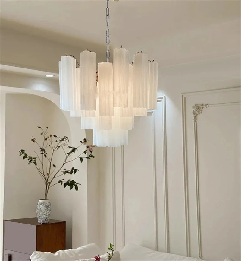 Art Deco Stained Glass Tube Chandelier – Luxury Ceiling Pendant Light Elegant lighting fixture perfect for kitchen islands, dining rooms, or any upscale interior space. Adds a touch of sophistication and style.