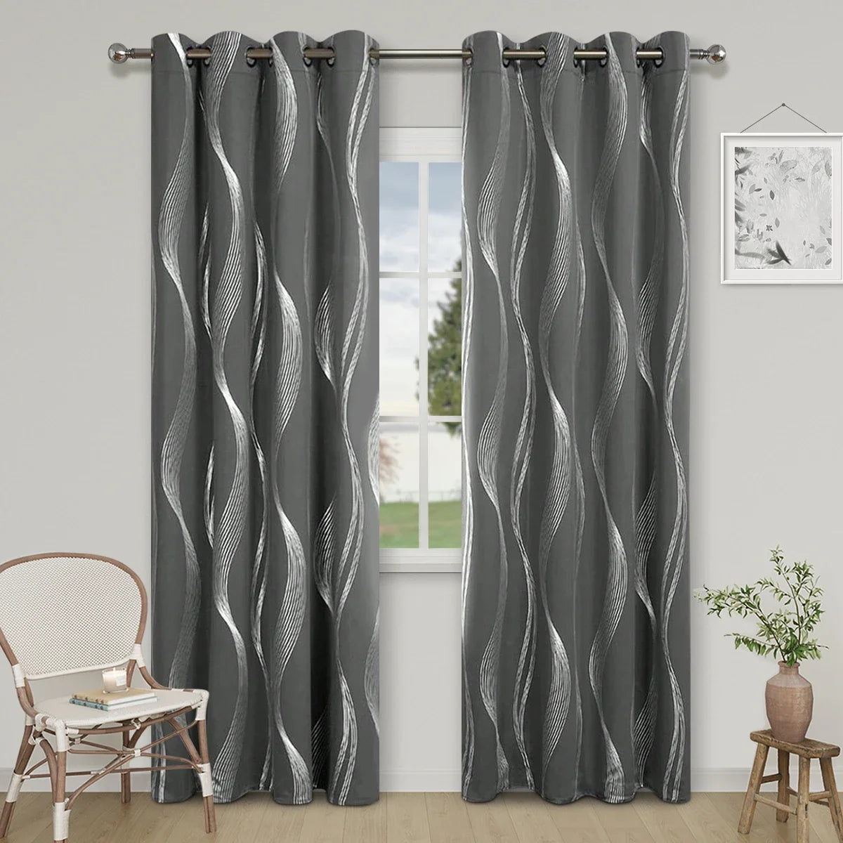 1pc High Precision Silver Embossed Wave Pattern Blackout Curtain, window Curtains for living room bedroom kitchen home decor